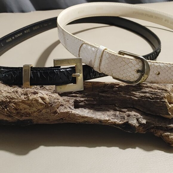 Snakeskin Reptile Dress Belts Lot  Gold Tone Buckles ML  Vintage Black White - Picture 2 of 13